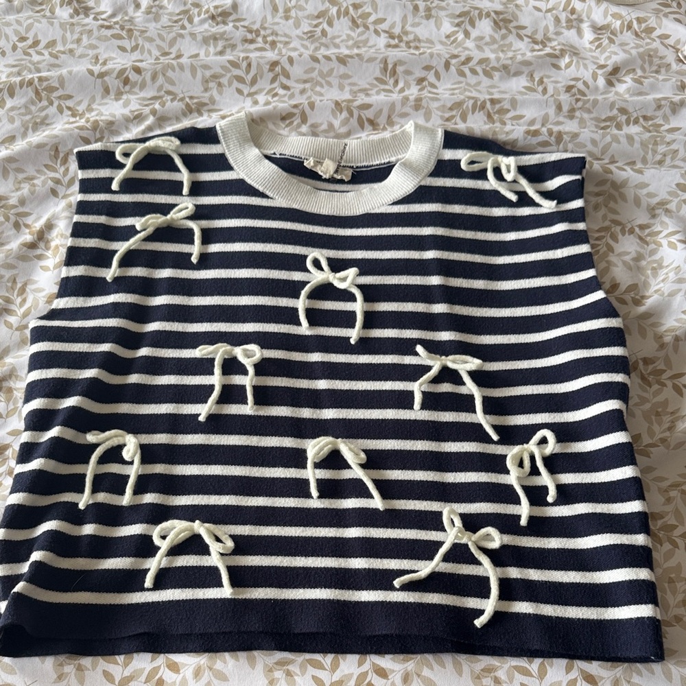 Navy and White Striped Top with Bow Accents